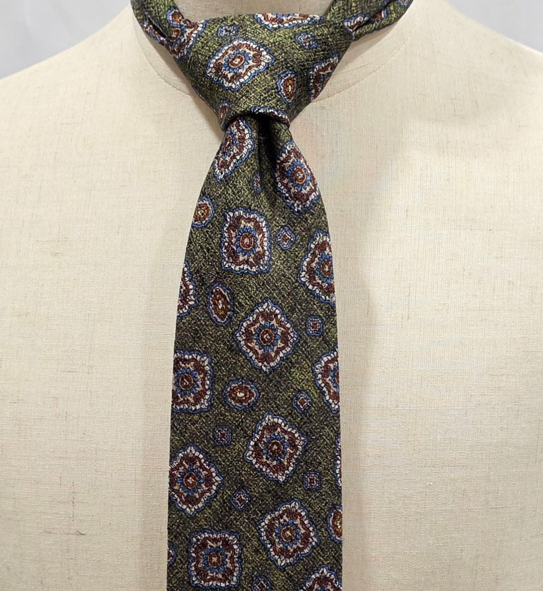 Hampstead by Geoff Nicholson Olive Green, Brown, Blue and White Medallion Silk Tie