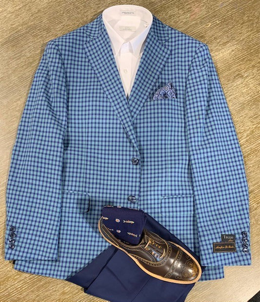 Tiglio Limited Edition Turquois Blue and Navy Check Sport Coat on sale