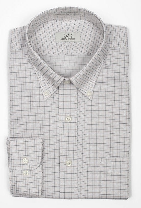Cooper and Stewart White Grid with Tan and Black Check on Dobby Button Down Non-Iron Shirt