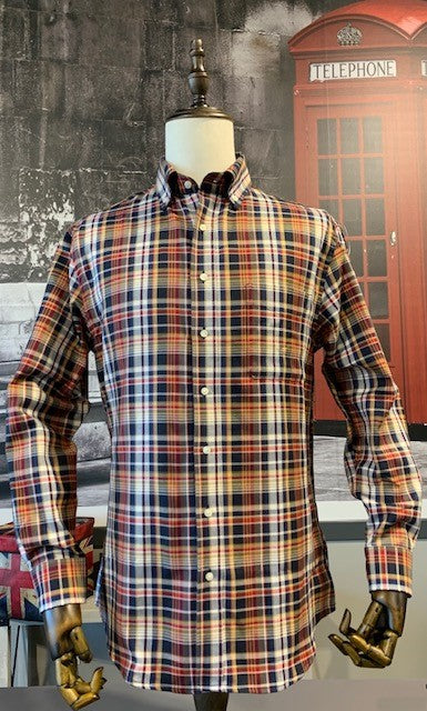 Claassen Luxury Plaid Button Down Navy, Tan, Red and Orange Sport Shirt on clearance