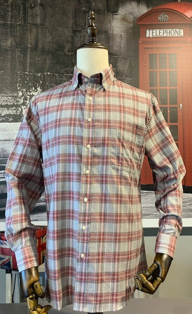 Claassen Luxury 100% Cotton Button Down Grey and Red Lightweight Flannel Sport Shirt on clearance