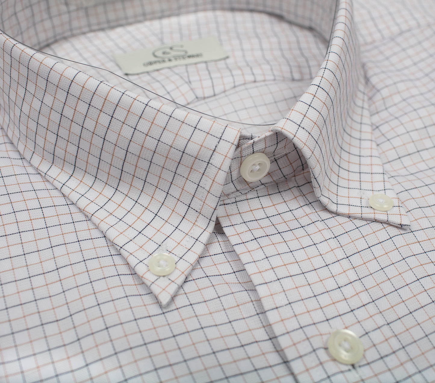 Cooper and Stewart White Grid with Tan and Black Check on Dobby Button Down Non-Iron Shirt