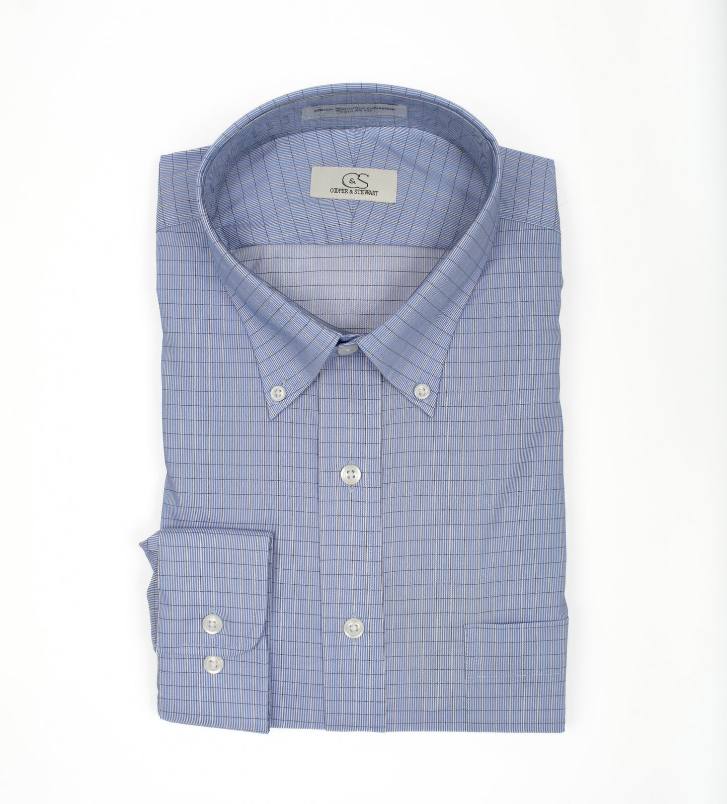 Cooper and Stewart Small Blue With Yellow Check Button Down Non-Iron Dress Shirt