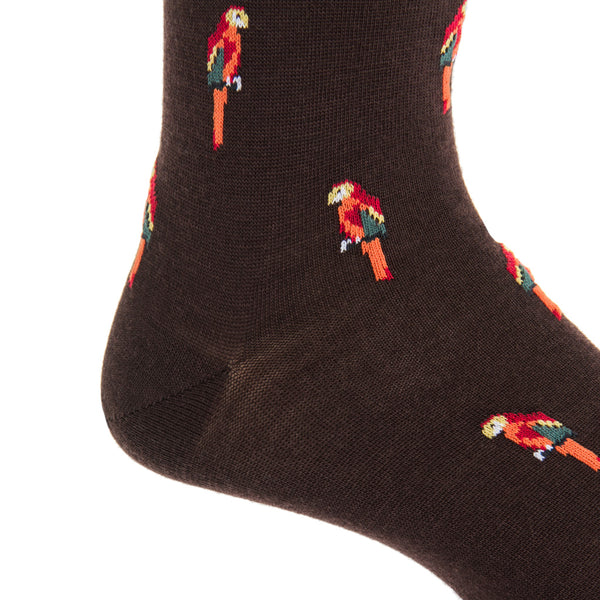 DAPPER CLASSICS COFFEE BROWN WITH ORANGE RED AND YELLOW PARROT FINE MERINO WOOL SOCK LINKED TOE MID-CALF