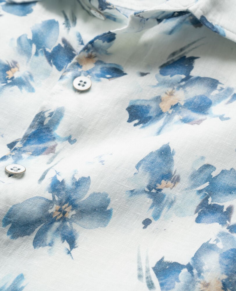 Rodd and Gunn White with Blue Floral Portland Island Sports Fit Fine Linen Shirt