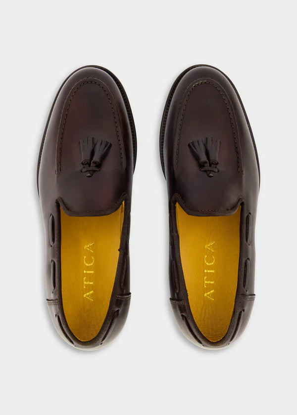 Atica Italian Brown Tassel Loafer Shoe on clearance