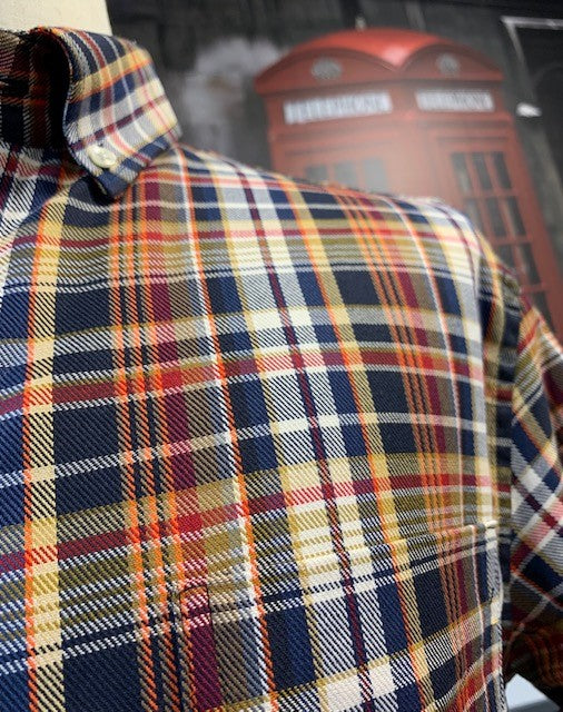 Claassen Luxury Plaid Button Down Navy, Tan, Red and Orange Sport Shirt on clearance