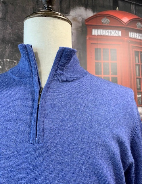 100% Extra Fine Merino Blue 1/2 Zip Pullover Sweater on clearance