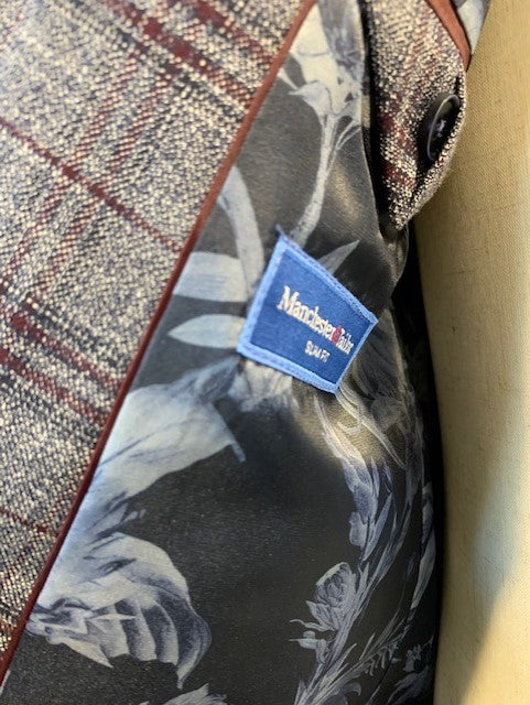 Manchester and Tailor Slim Fit Grey and Burgundy Plaid Suit