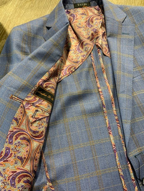 Tiglio Luxe Light Blue and Tan Windowpane Sport Coat