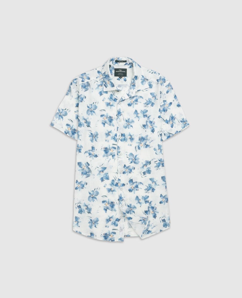 Rodd and Gunn White with Blue Floral Portland Island Sports Fit Fine Linen Shirt