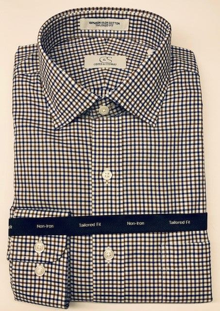 Cooper and Stewart Blue and Brown Check Tailored Fit Spread Collar 100% Cotton Non-Iron Shirt