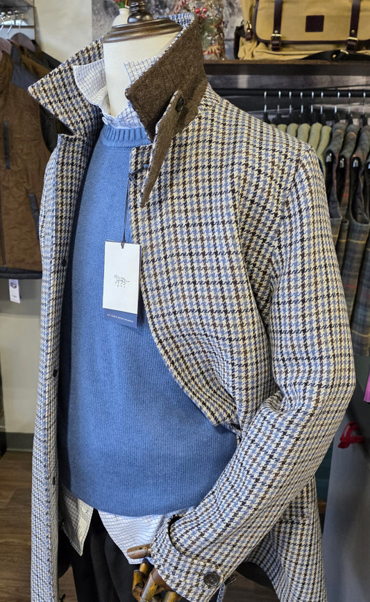 Tiger of Sweden Grey, Black and Blue Houndstooth Wool Blend Car Coat