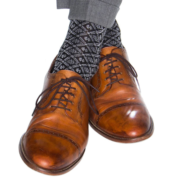 DAPPER CLASSICS BLACK WITH ASH CLOVER GRID COTTON SOCK LINKED TOE MID-CALF