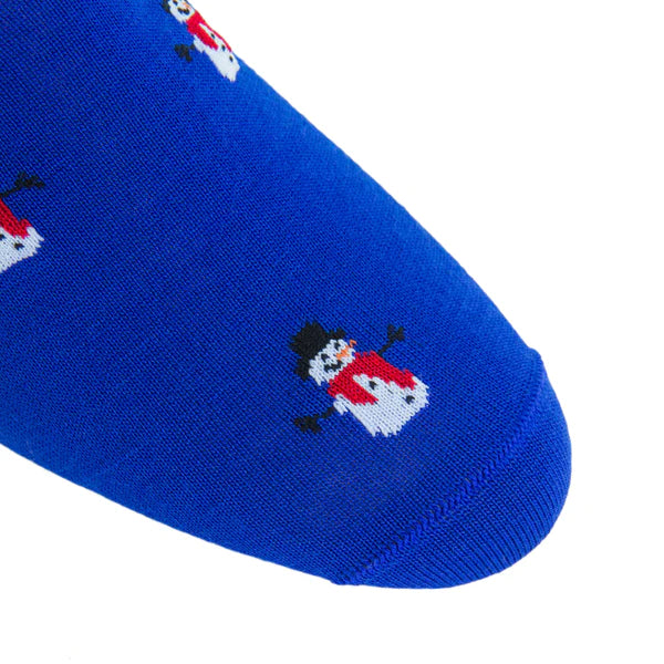DAPPER CLASSICS COBALT BLUE WITH WHITE, RED AND BLACK MERINO WOOL SNOWMAN SOCK LINKED TOE MID-CALF