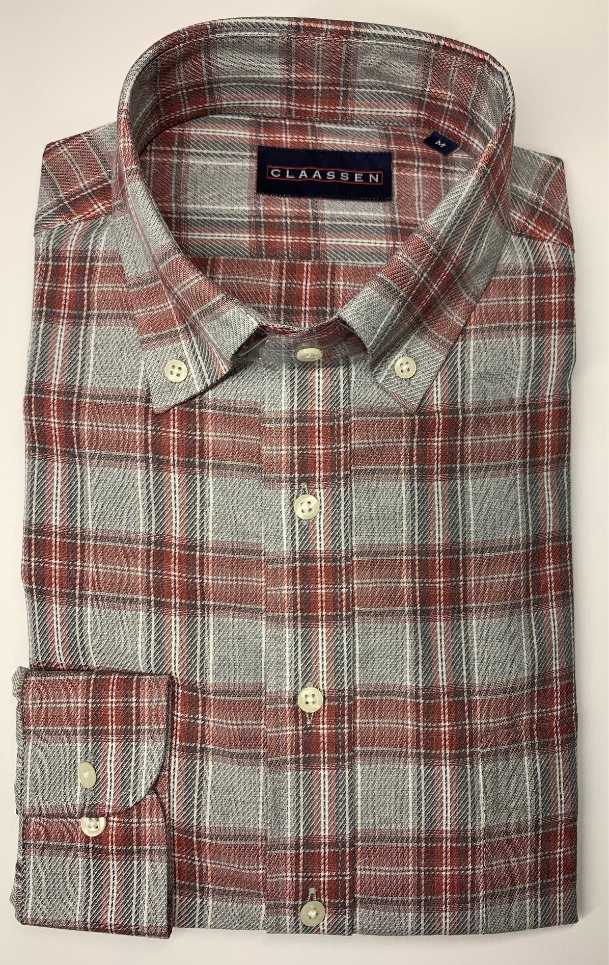 Claassen Luxury 100% Cotton Button Down Grey and Red Lightweight Flannel Sport Shirt on clearance