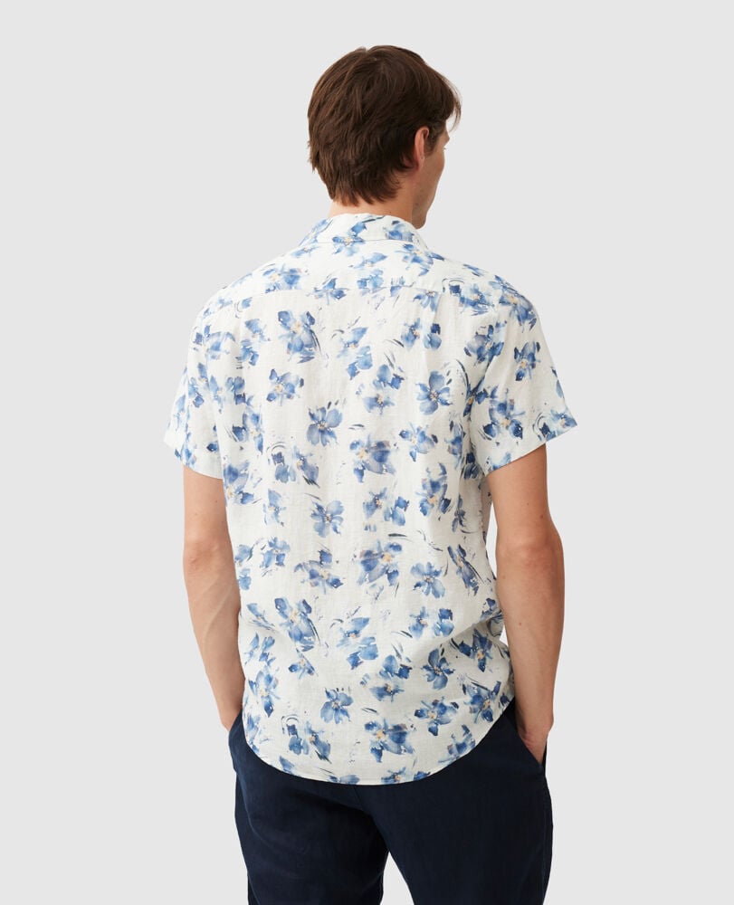 Rodd and Gunn White with Blue Floral Portland Island Sports Fit Fine Linen Shirt