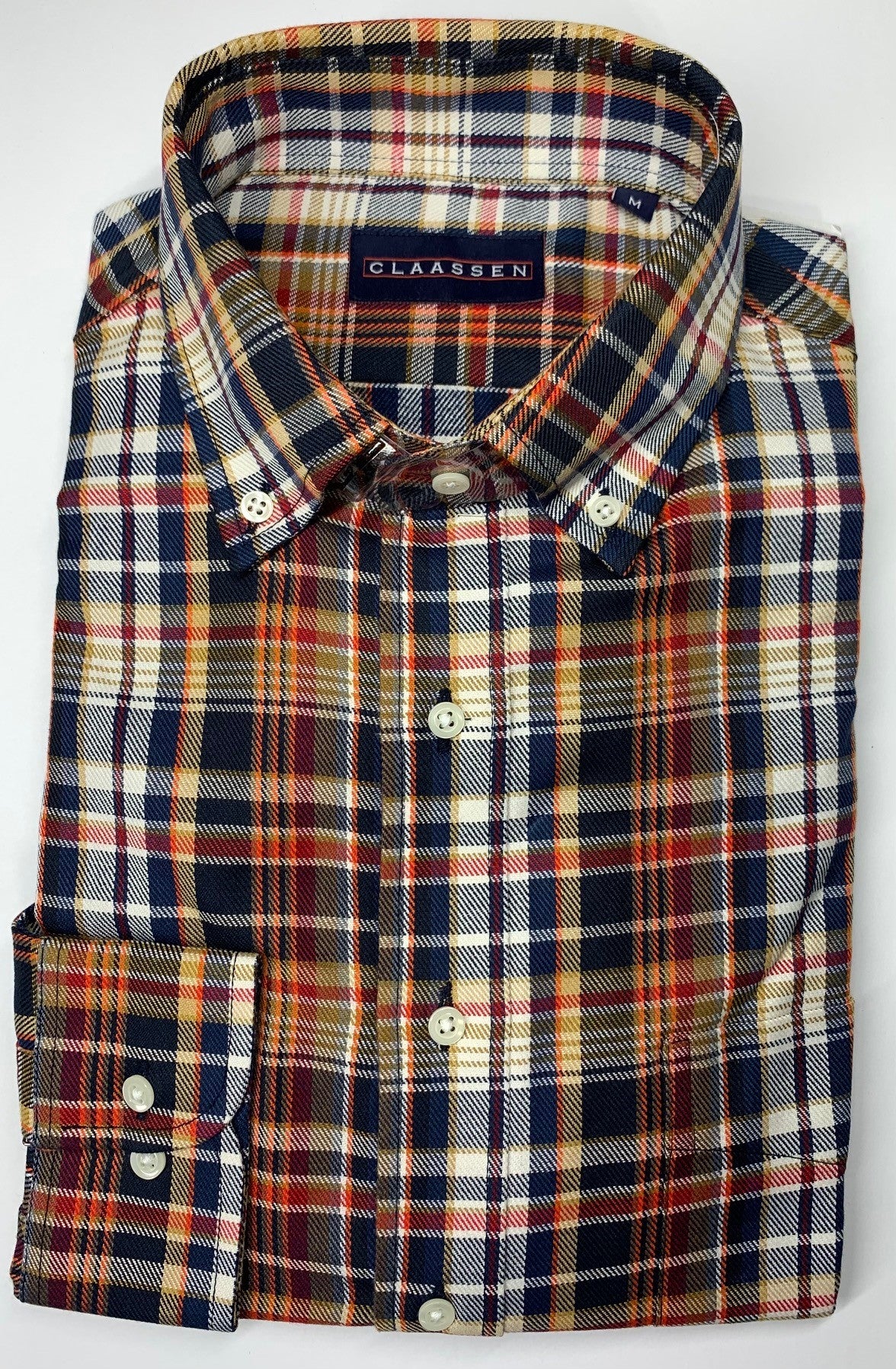 Claassen Luxury Plaid Button Down Navy, Tan, Red and Orange Sport Shirt on clearance