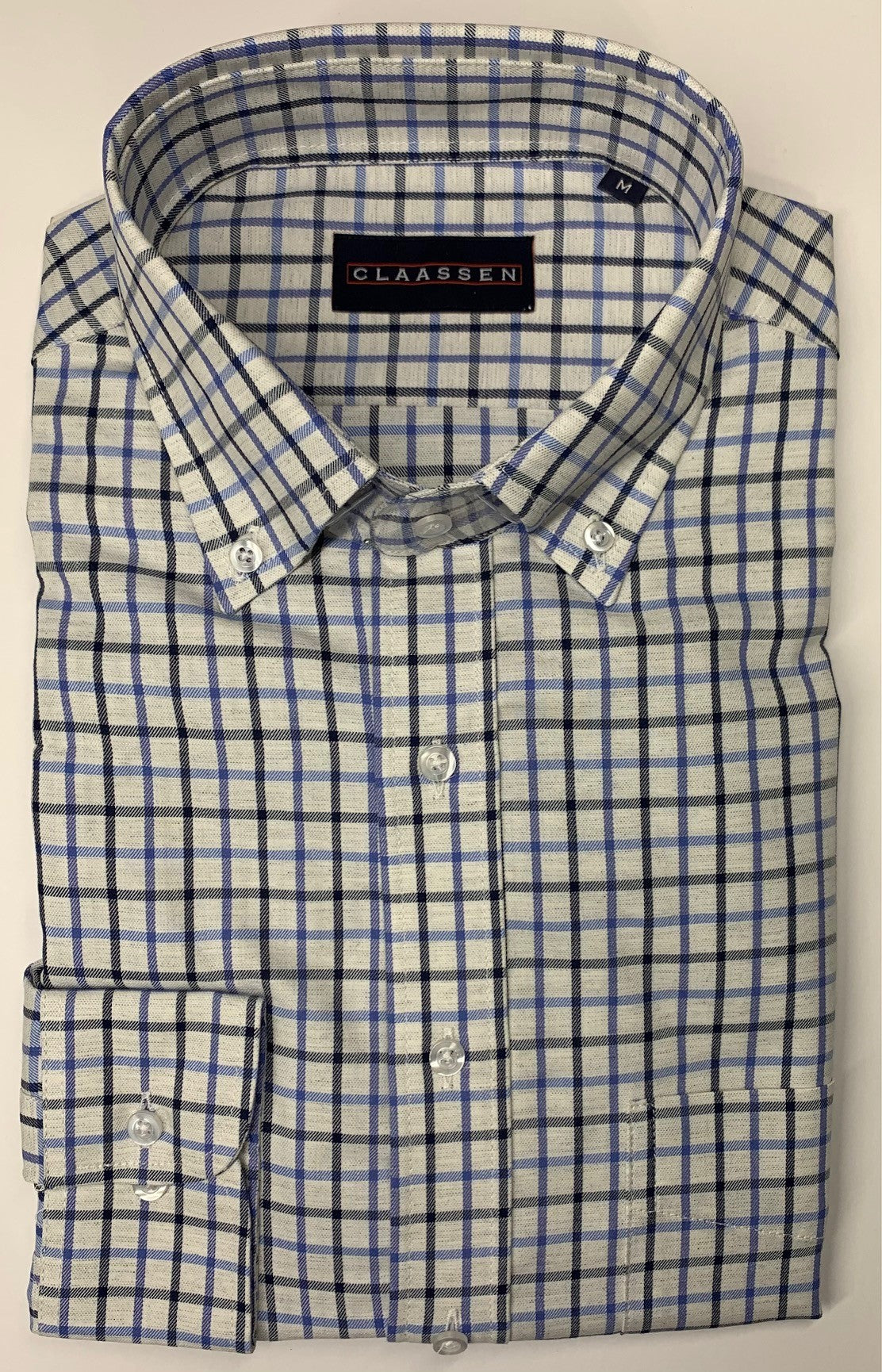 Claassen Luxury Button Down Light Grey with Black and Blue Check Sport Shirt on clearance