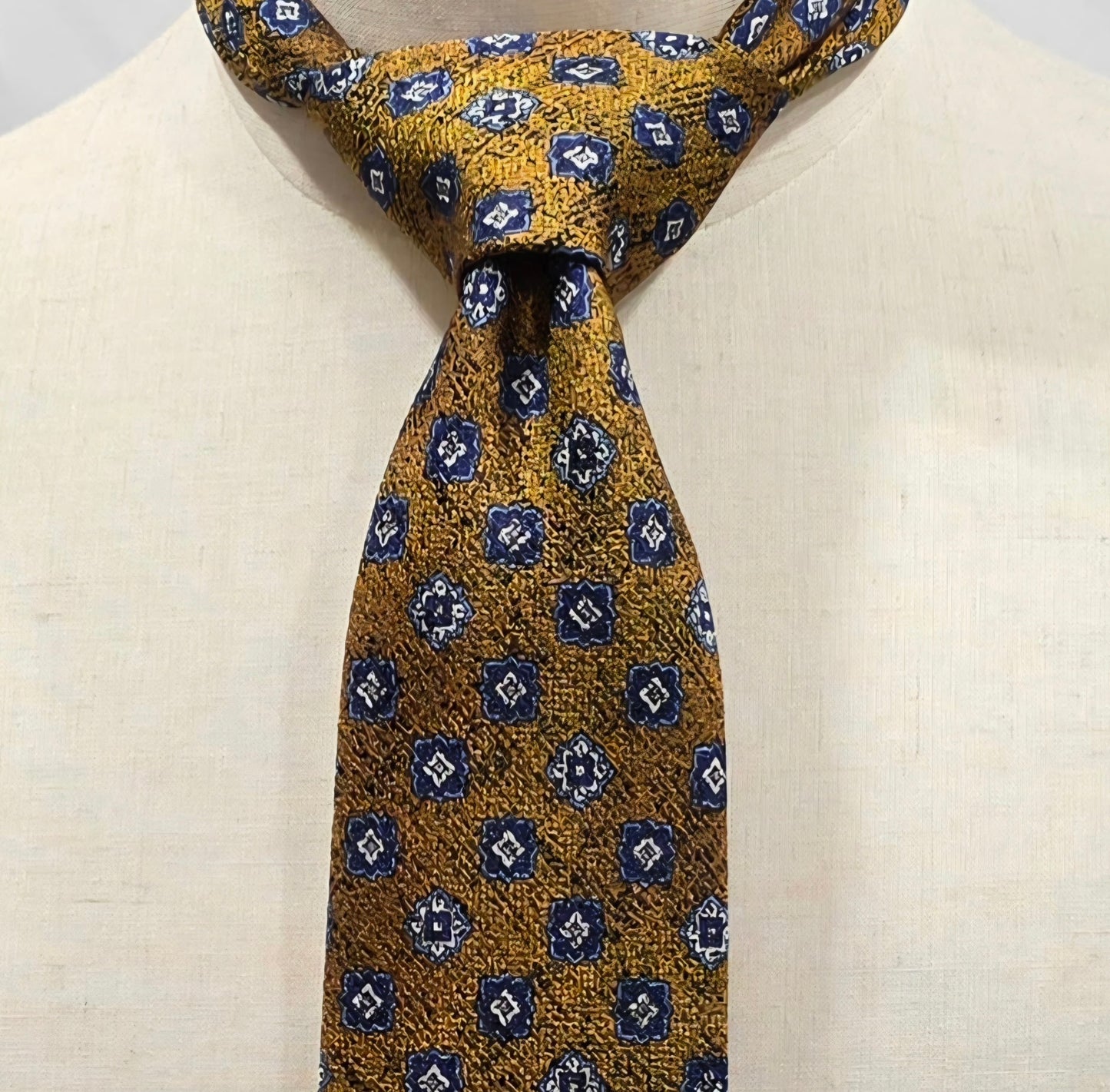 Hampstead by Geoff Nicholson Gold/Yellow, Blue and White Medallion Silk Tie