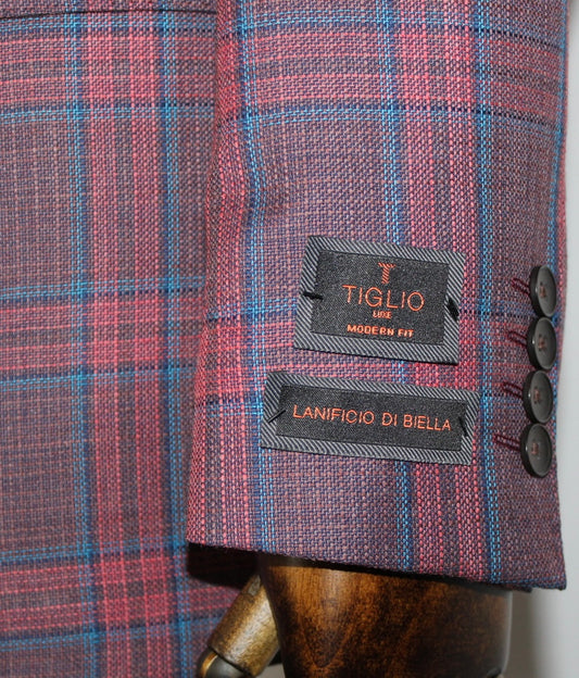 Tiglio Modern Fit Pink and Blue Plaid Sport Coat