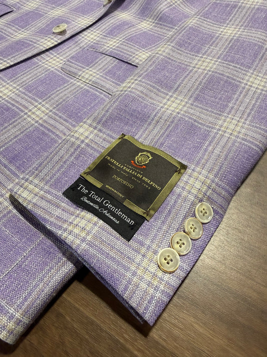 Albert and Walter's Purple and Gold Windowpane Wool, Silk and Linen Blend Notch Lapel Modern Fit Sport Coat Fabric made in Italy on sale