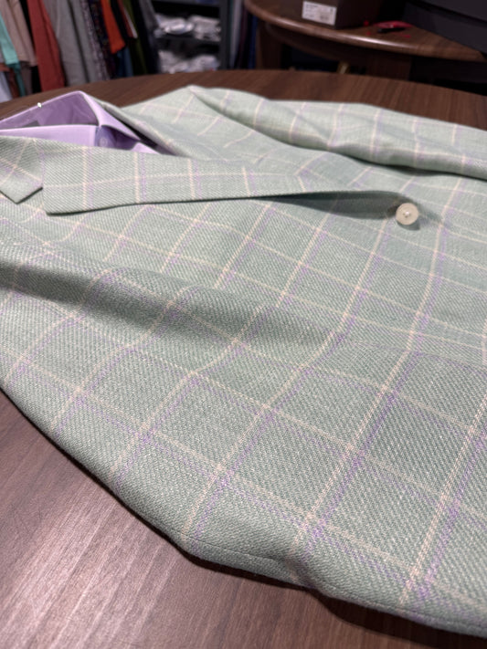 Albert and Walter's Wool, Silk and Linen blend Mint with Ecru and Lavender Windowpane Classic Fit Sport Coat from Ethomas fabric mill in Italy on sale