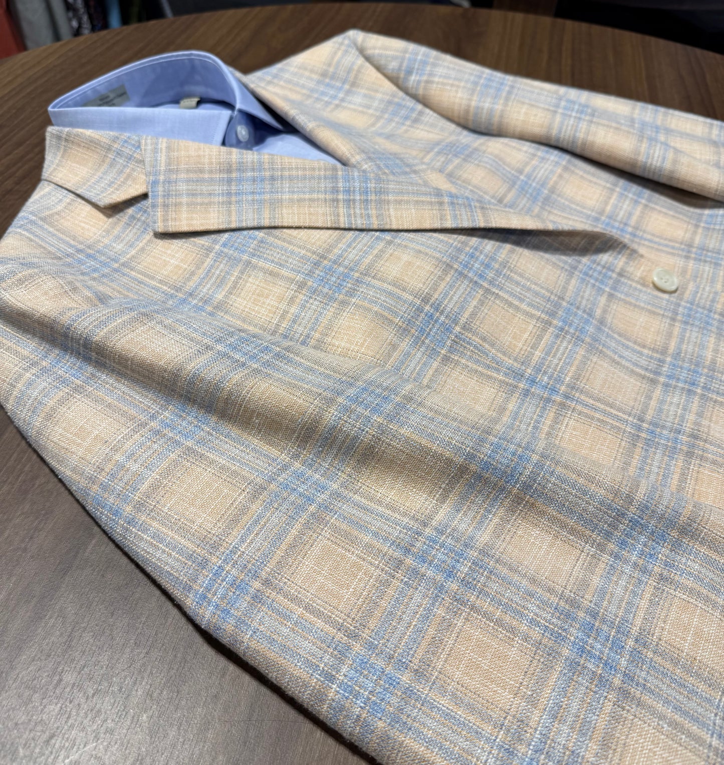 Albert and Walters Peach and Blue Plaid Wool/Silk/Cotton Classic Fit Sport Coat
