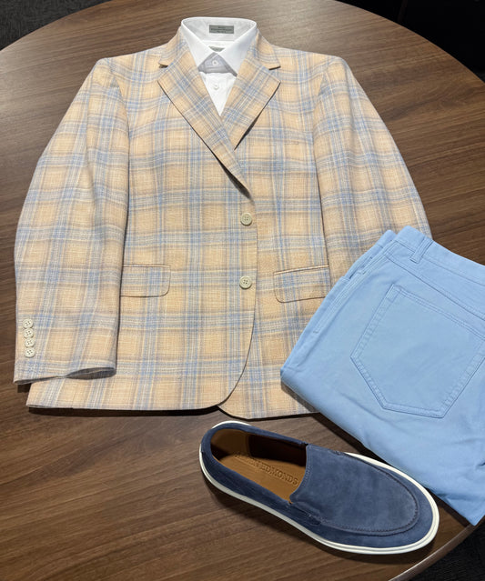 Albert and Walters Peach and Blue Plaid Wool/Silk/Cotton Classic Fit Sport Coat on sale