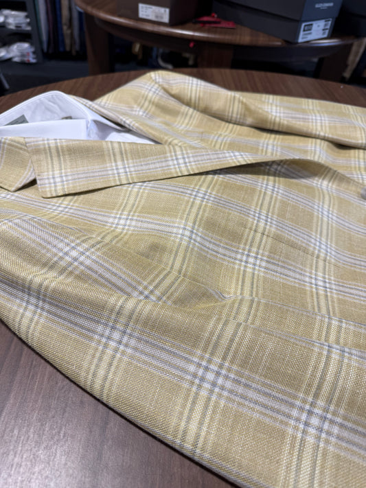 Albert and Walter's Summertime Fabric made in Italy from Wool, Silk and Linen Blend Harvest Gold and Grey Windowpane Modern Fit Sport Coat on sale