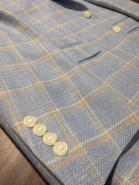 Albert and Walters Summertime EThomas Italian Wool, Silk and Linen Blend Blue Windowpane Sport Coat Classic Fit on sale