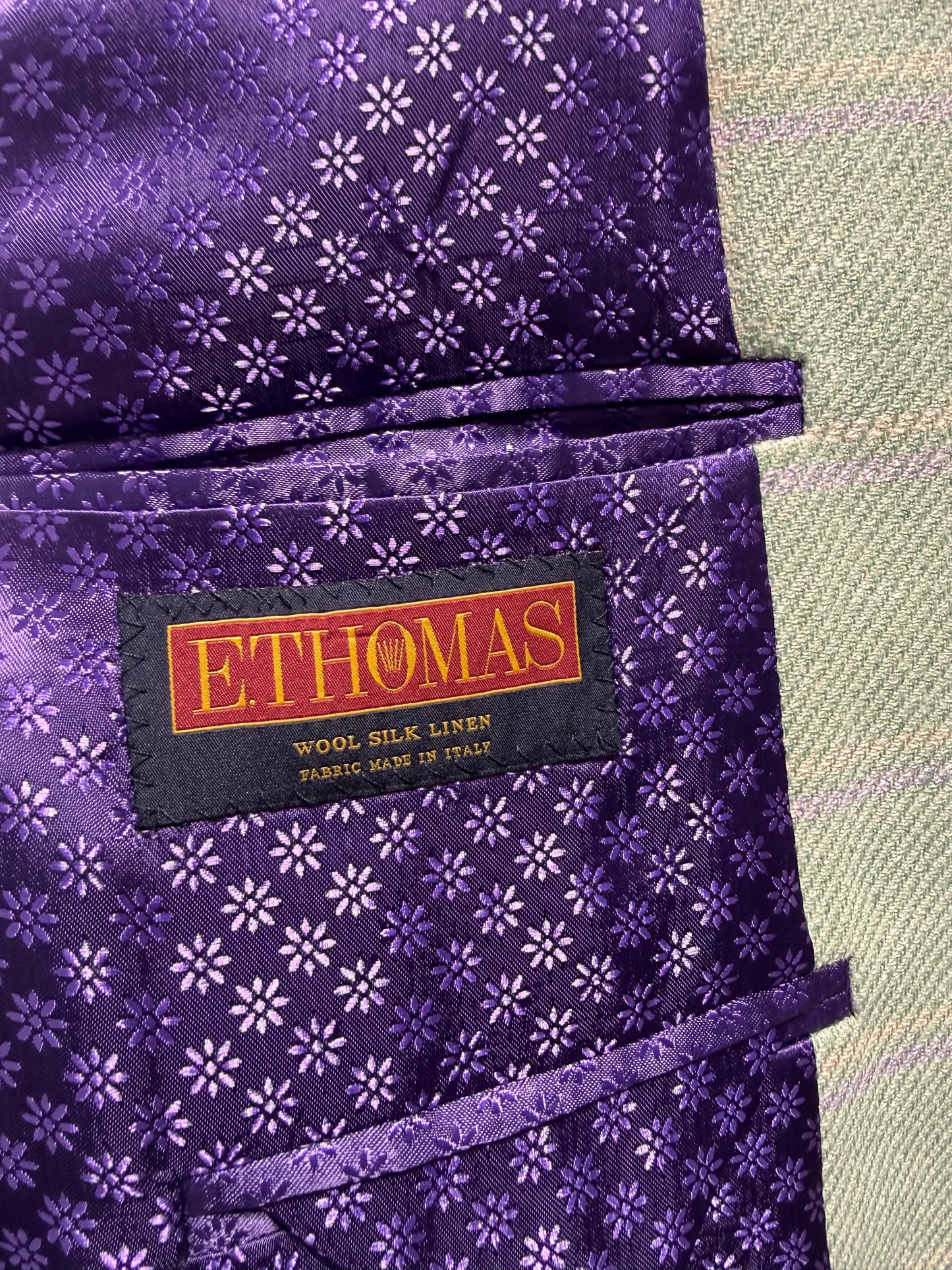 Albert and Walter's Wool, Silk and Linen blend Mint with Ecru and Lavender Windowpane Classic Fit Sport Coat from Ethomas fabric mill in Italy on sale