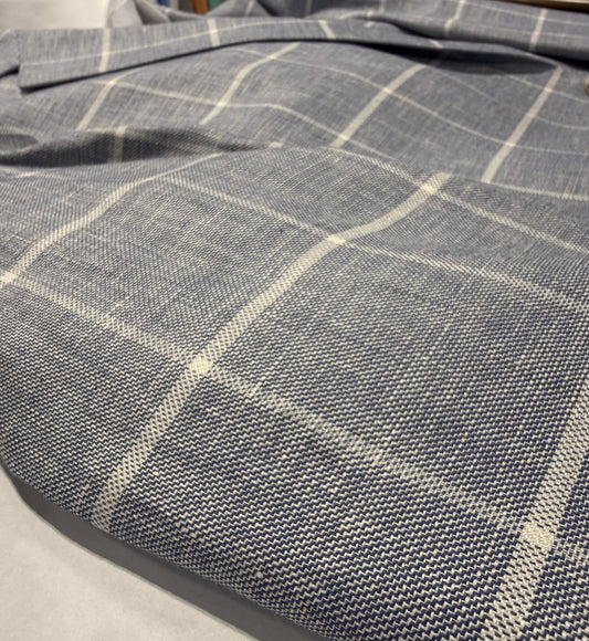 Pellagio Navy and White Windowpane Slim Fit Linen and Cotton Blend Sport Coat
