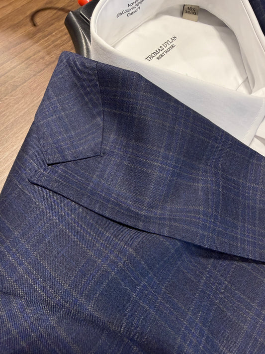 English Laundry Peak Lapel Navy, Blue and Taupe Windowpane Slim Fit Suit
