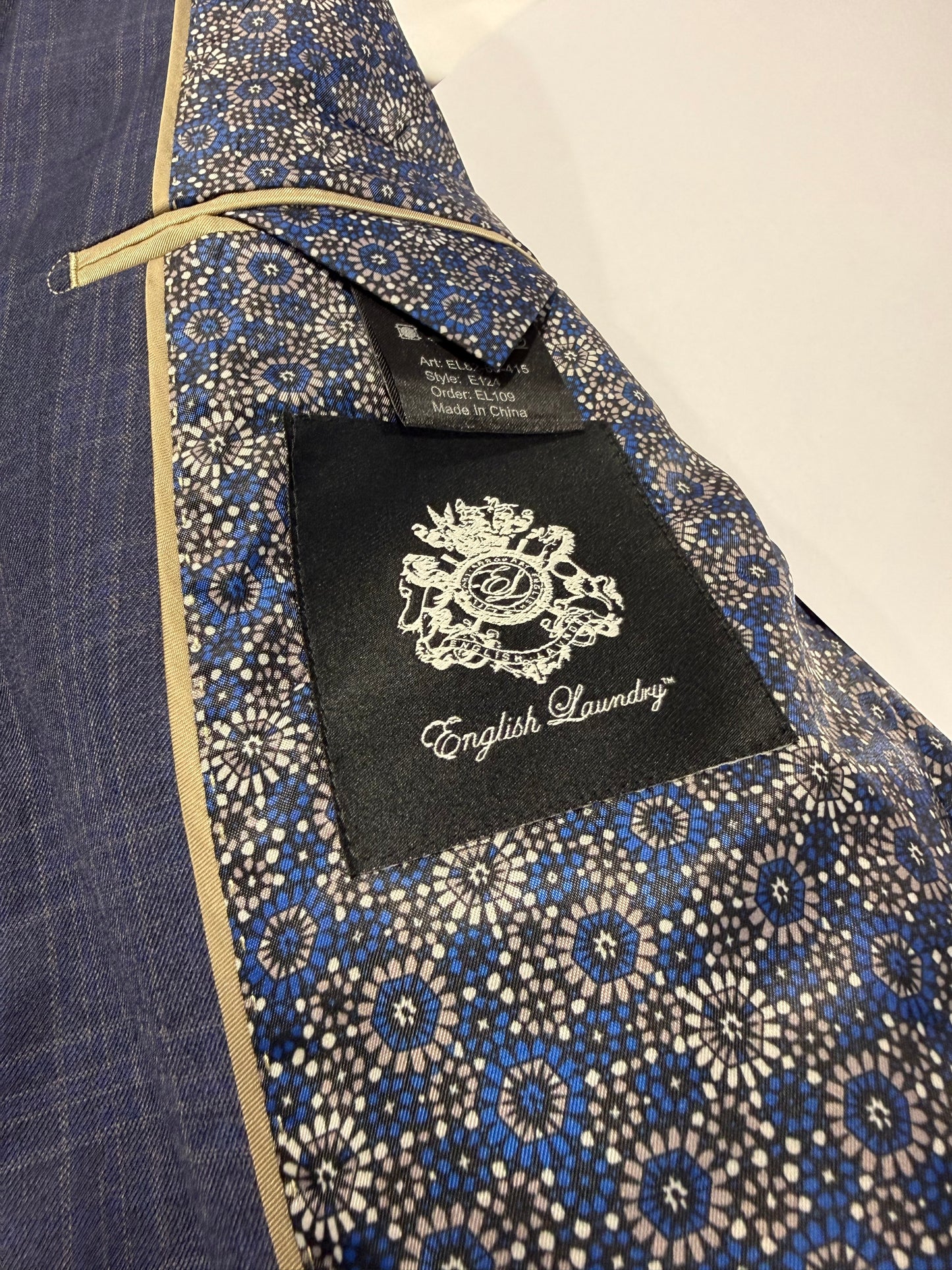 English Laundry Peak Lapel Navy, Blue and Taupe Windowpane Slim Fit Suit