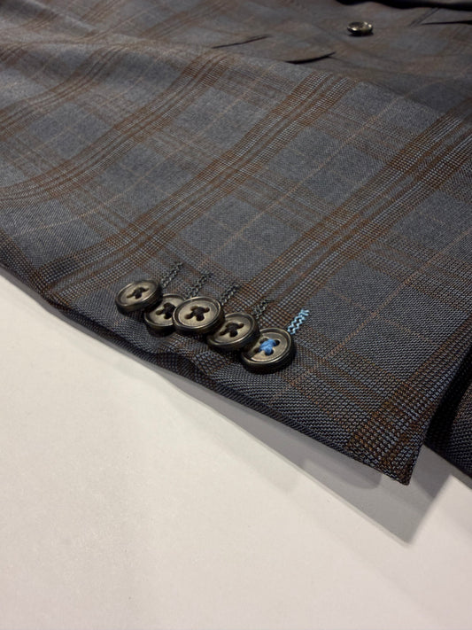 English Laundry Steel Blue and Brown Plaid Notch Lapel Suit