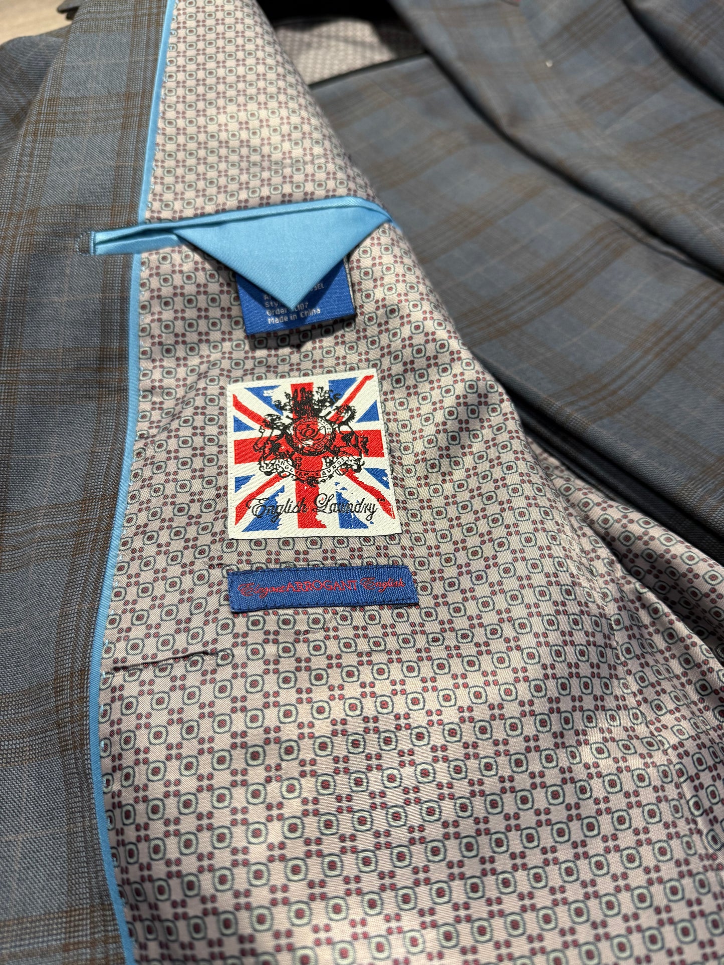 English Laundry Steel Blue and Brown Plaid Notch Lapel Suit