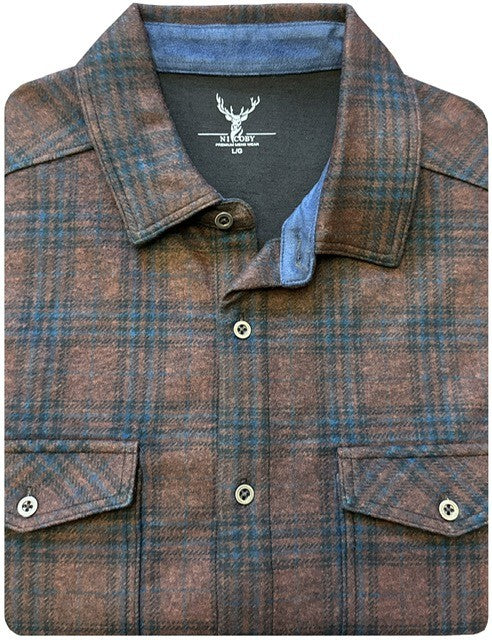 NICOBY RUGGED FLANNEL OVERSHIRT DARK BROWN/BLUE on clearance
