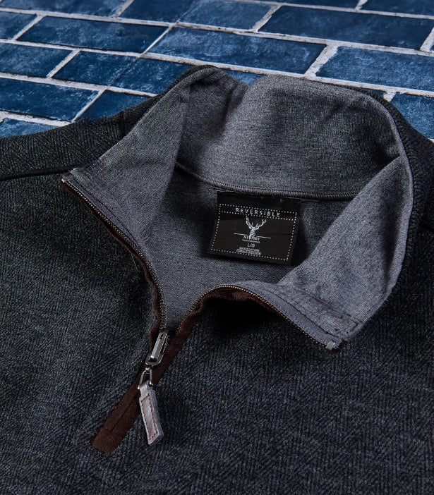 Nicoby Black Herringbone/Medium Grey Solid Chevron Reversible QTR Zip with Suede Placket