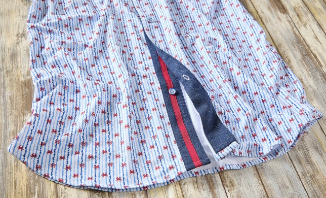 Nicoby Blue and White Stripe with Red Crabs Camp Shirt