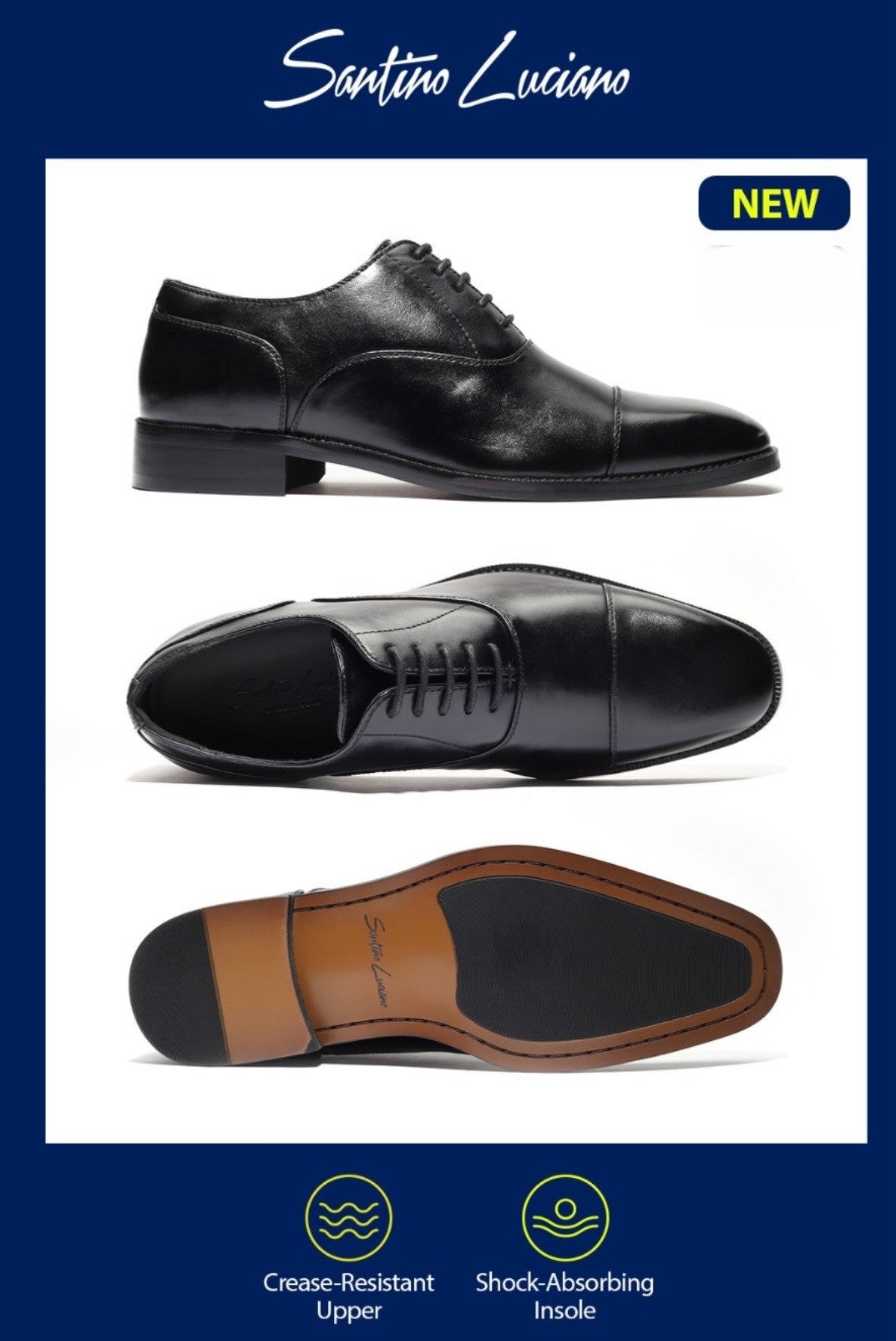 Santino Luciano Black Captoe Balmoral Faux Leather Dress Shoe