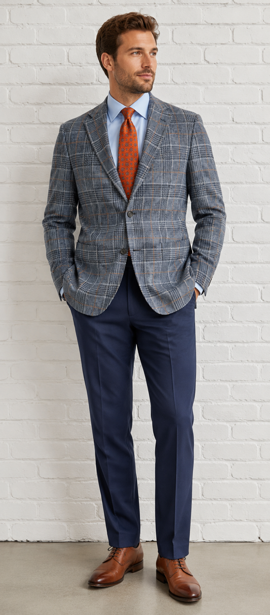 Scabal Medium Blue and Orange Windowpane Wool and Linen SoHo Jacket Riviera Trend on sale