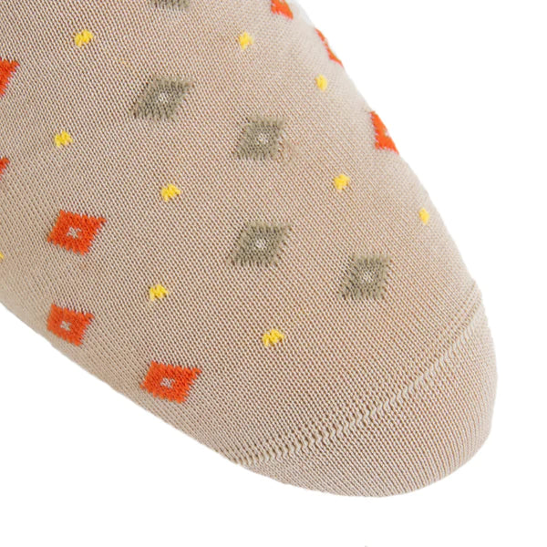 DAPPER CLASSICS TAN WITH TIGERLILY ORANGE AND YOLK DOTS IN DIAMONDS COTTON SOCK