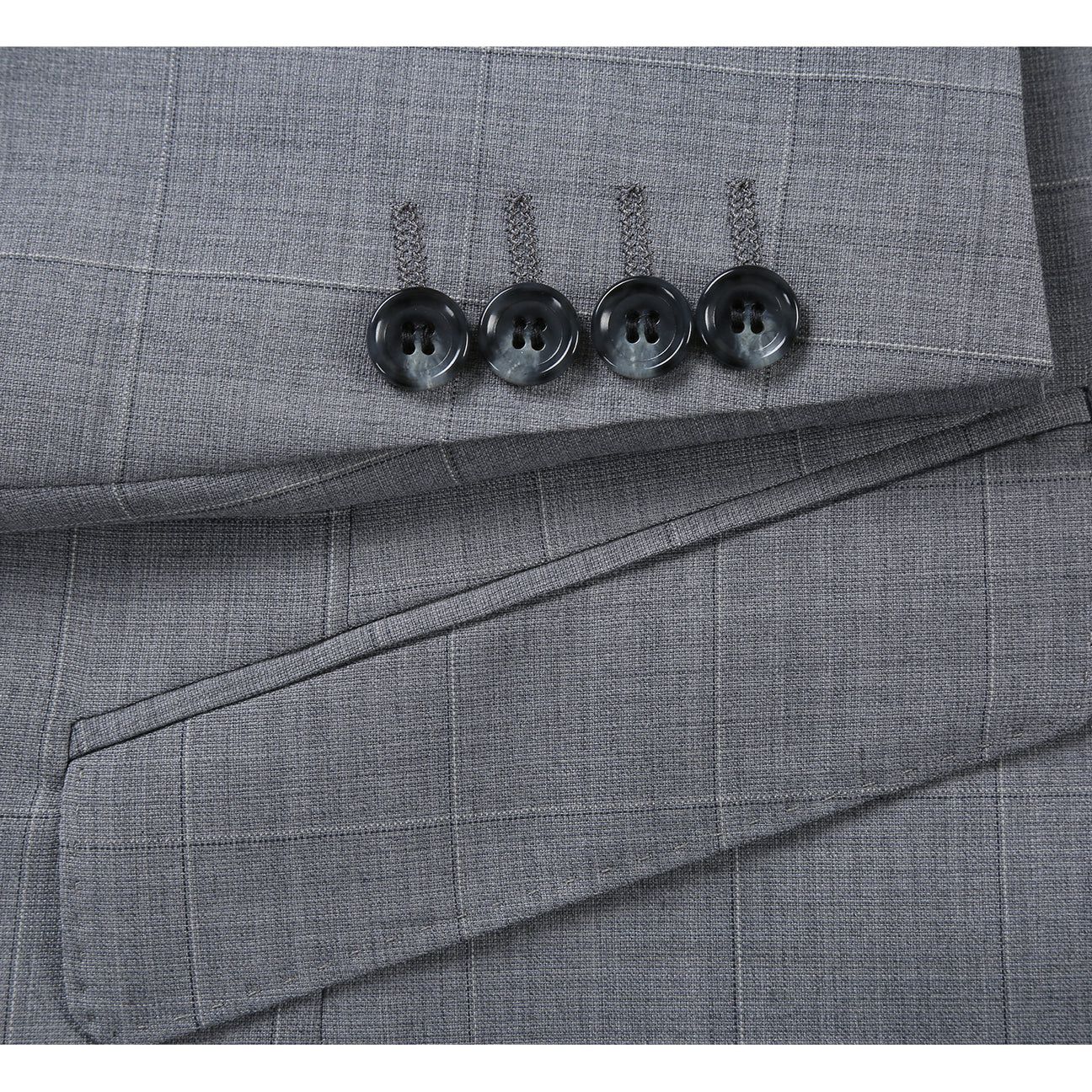 Renoir Slim Fit Wool Blend Light Grey Windowpane Stretch Suit
