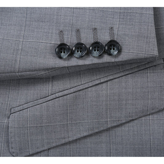 Renoir Slim Fit Wool Blend Light Grey Windowpane Stretch Suit