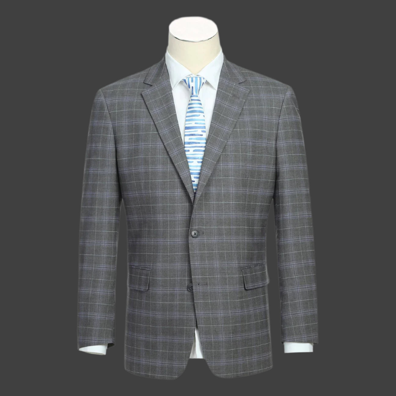 A light grey with purple windowpane suit jacket on a mannequin, featuring a single-breasted design with two buttons and a notch lapel.