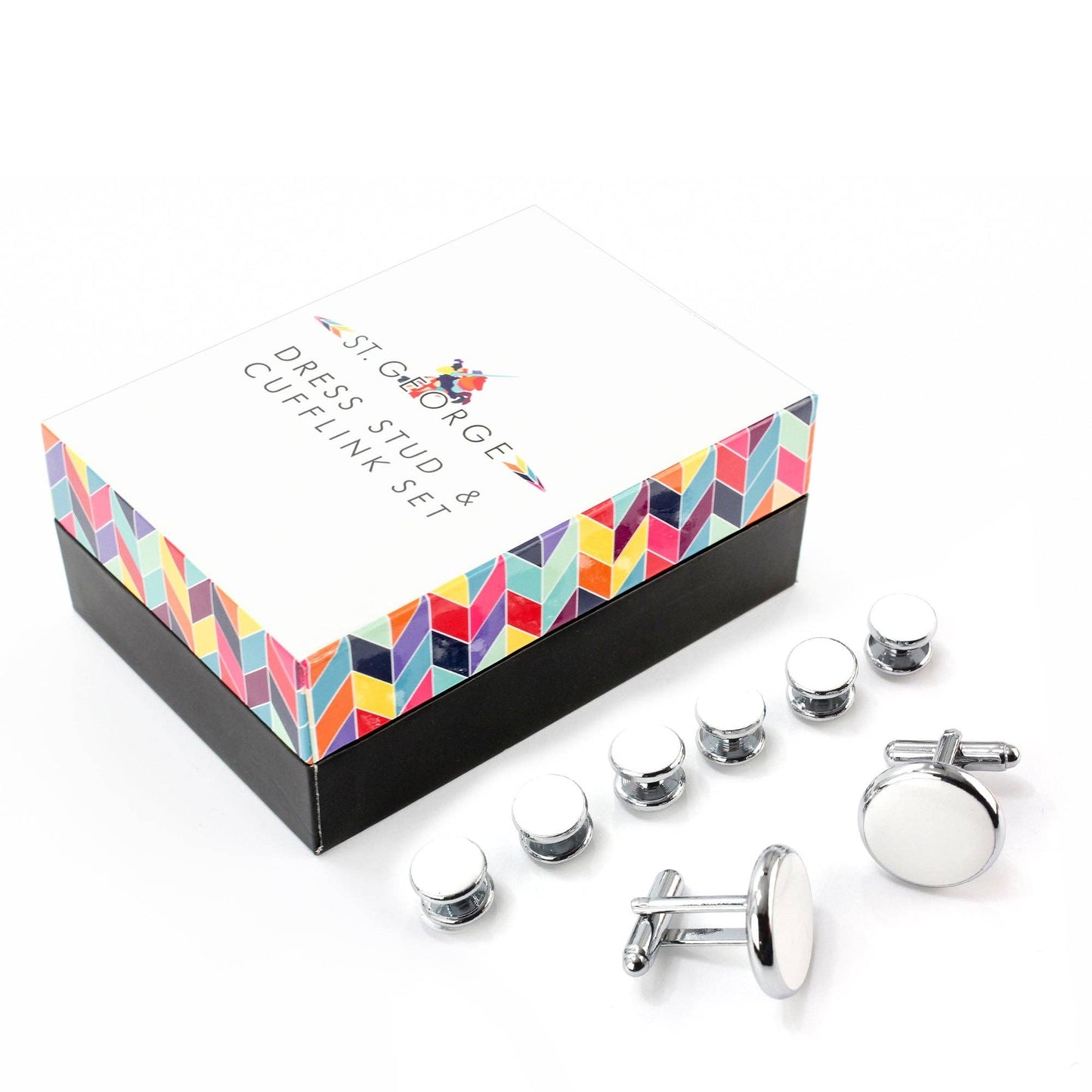 Silver Finished White Insert Cufflinks and Dress Stud Set