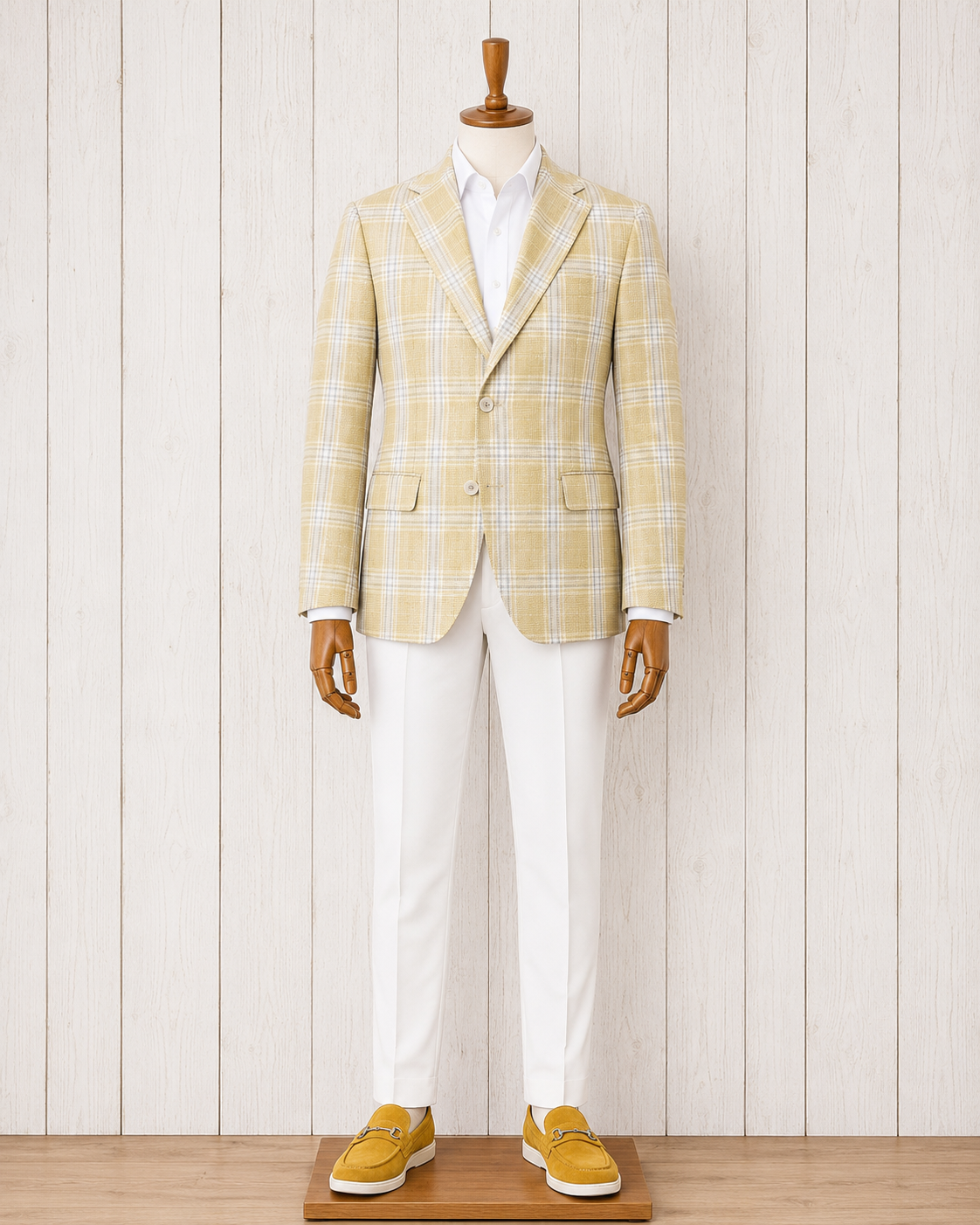 Albert and Walter's Summertime Fabric made in Italy from Wool, Silk and Linen Blend Harvest Gold and Grey Windowpane Modern Fit Sport Coat on sale