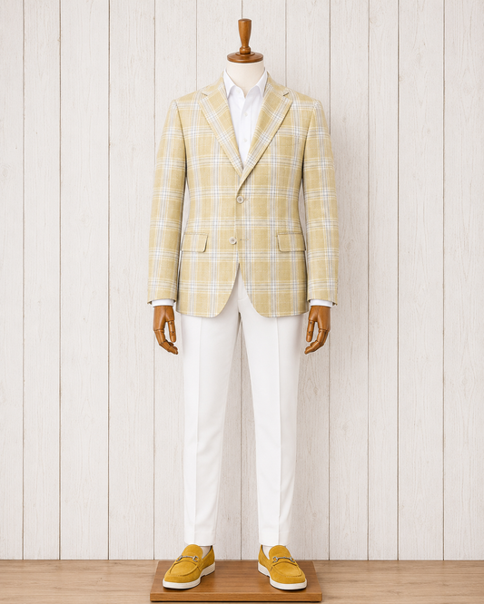 Albert and Walter's Summertime Fabric made in Italy from Wool, Silk and Linen Blend Harvest Gold and Grey Windowpane Modern Fit Sport Coat on sale