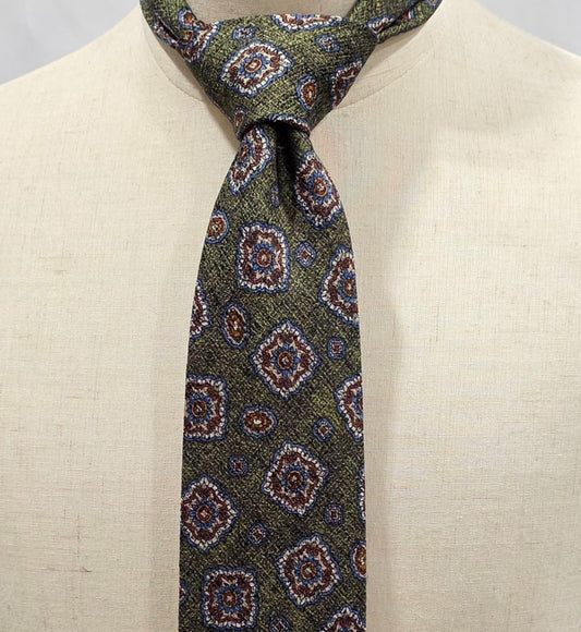 Hampstead by Geoff Nicholson Olive Green, Brown, Blue and White Medallion Silk Tie